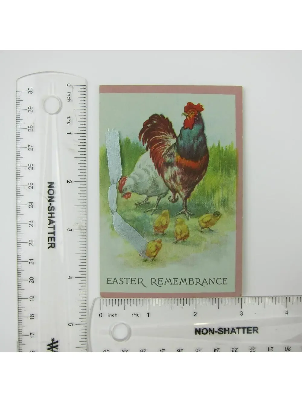 Easter Greeting Card Rooster Chicken & Yellow Chicks Blue Ribbon Bi-fold Antique